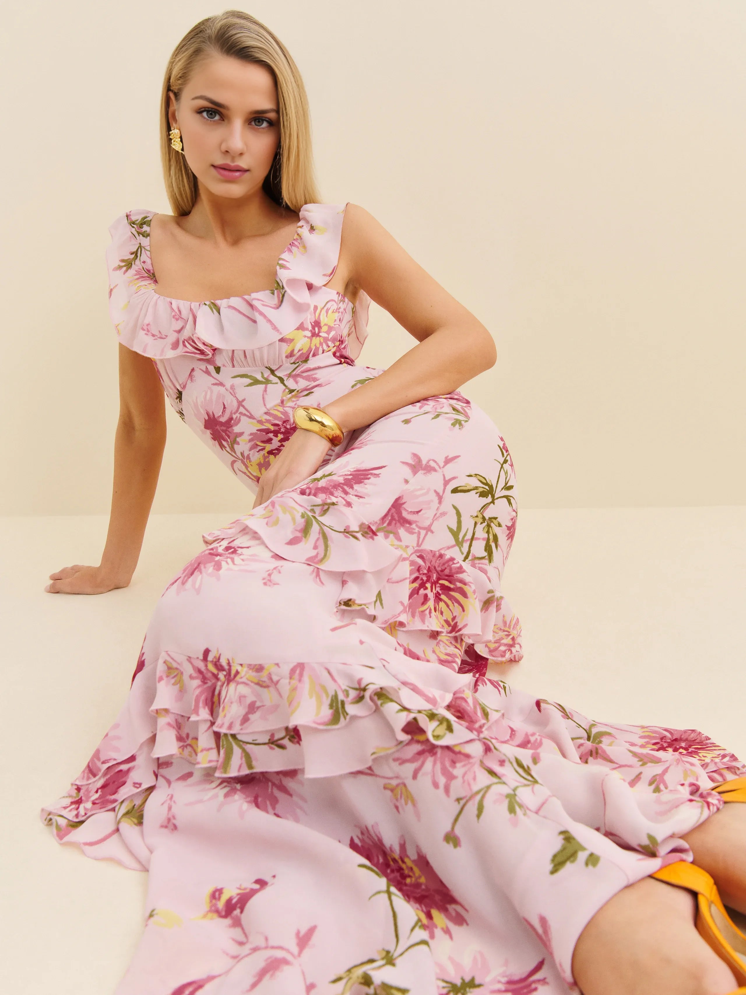 Weitese Dress Vintage Round Neck Cap Sleeve Mermaid Prom Dress Maxi Dress Sheath Backless Flower Printed Evening Dress